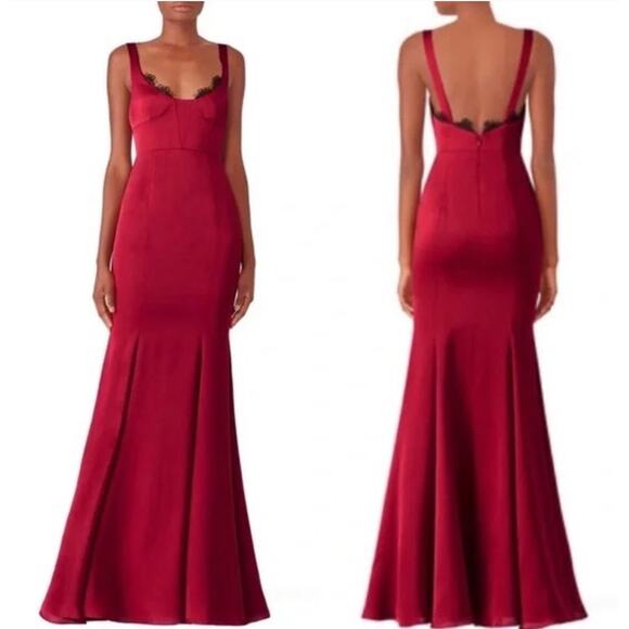 FAME AND PARTNERS Ara Satin Mermaid Gown Dress Lace Trim Burgundy Size 14 - Picture 9 of 10